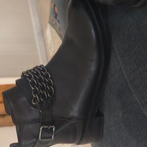 Tory Burch Black Leather Ankle Boots with Chain Detail